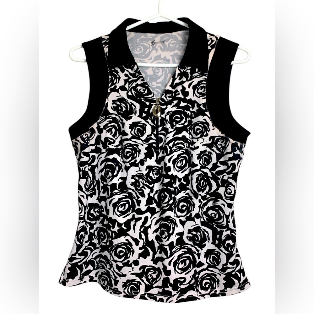 Swing Golf Shirt,Sleeveless, Stretchy, Front Zipper, White w Black Roses, Trim